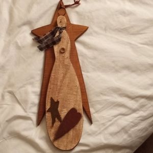 Holiday decor. Sweet hanging wooden primitive snowman with star.